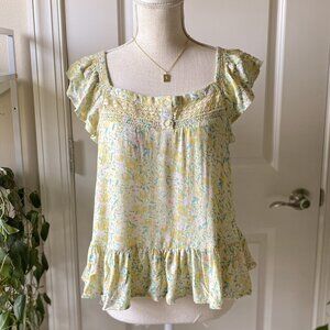 Lucky Brand Phoebe Crochet Trim Floral Top in Yellow Size Medium